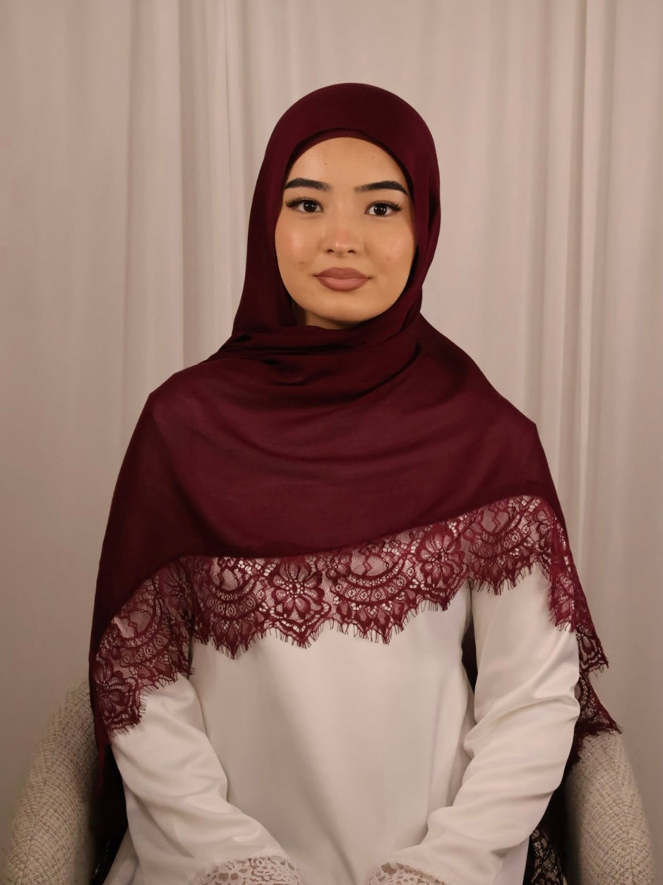 Lace Modal Hijab - Maroon